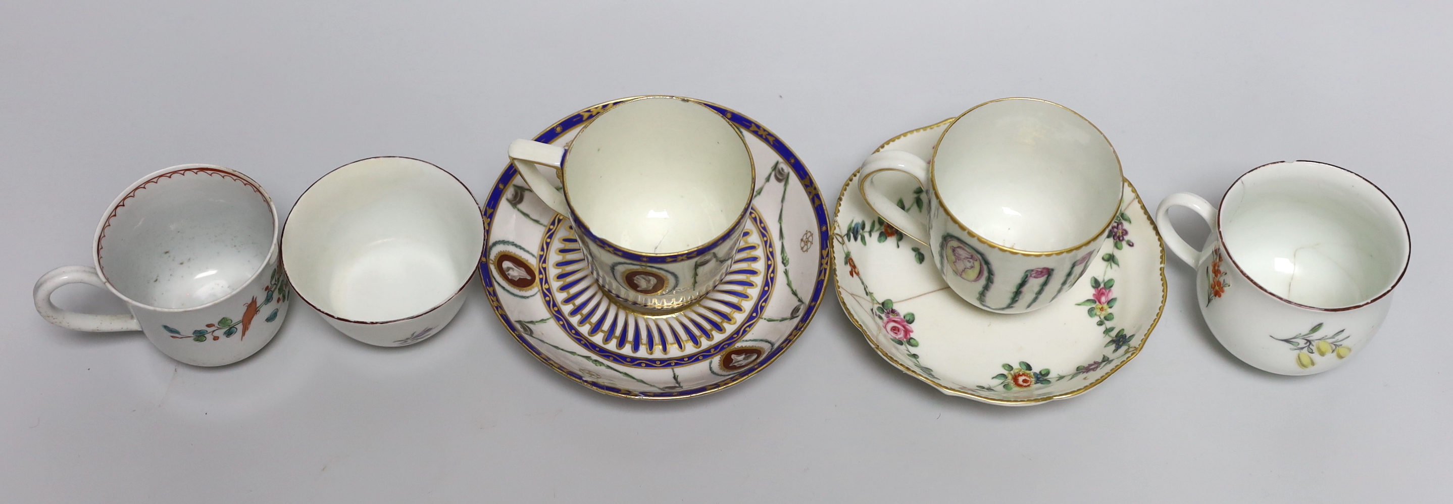 A Chelsea red anchor teabowl and coffee cup, c.1755, a Bow coffee cup, c.1760, a Derby Portrait medallion cup and saucer circa 1785 and a Chelsea-Derby coffee cup and odd saucer